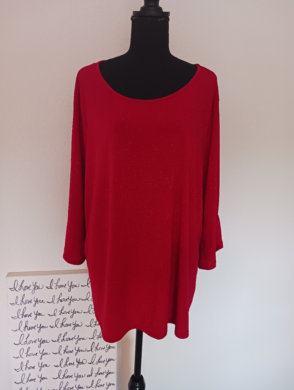 SJS Elegant Red Blouse with Intricate Gold Design Bling Size 2X EUC